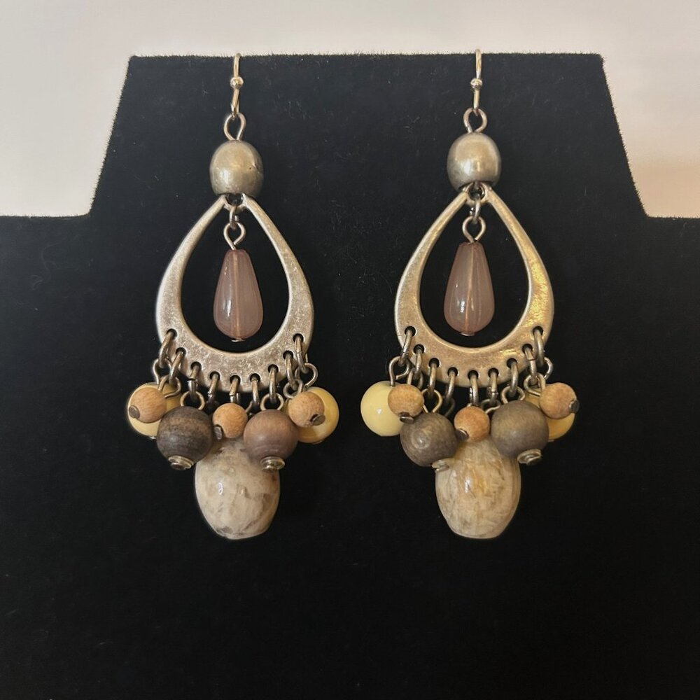 Artisan Stone & Wood Bead Chandelier Earrings